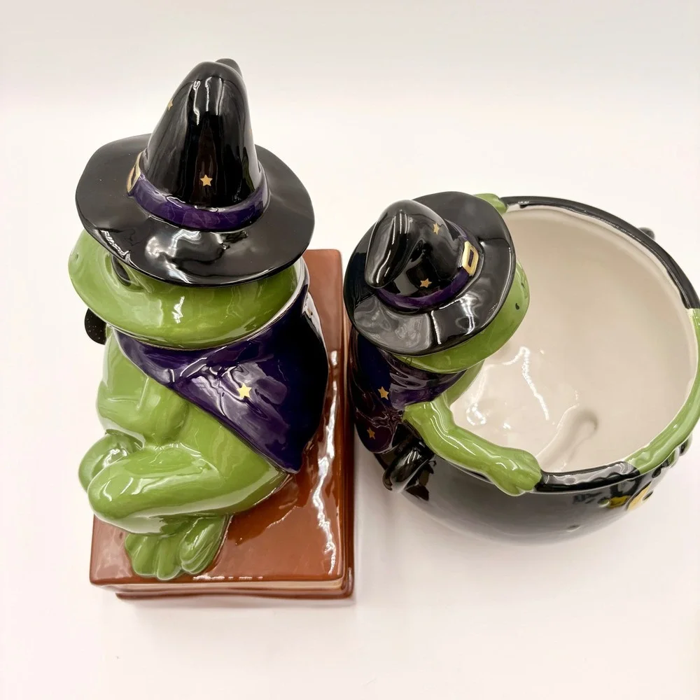Haunted Halloween Ceramic Witch Frog Cookie Jar and Cauldron Candy Dish Set NEW
